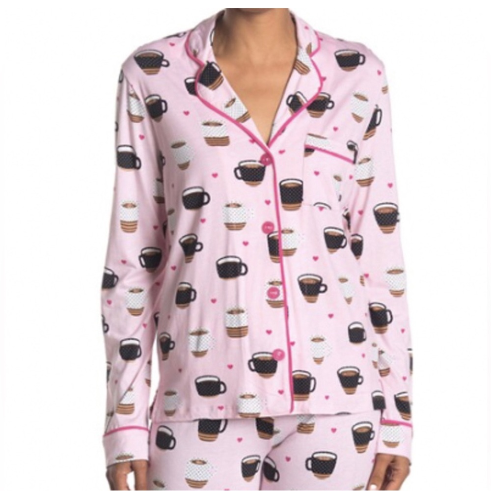 Coffee Mugs & Hearts Print Cozy Zoe Flannel Pajama Top Novelty Print, Soft, EUC